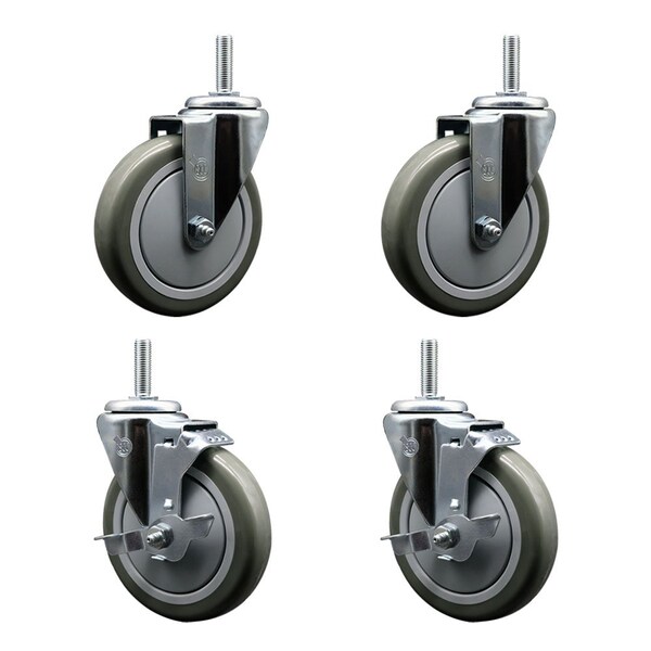 Service Caster 5 Inch Gray Polyurethane Wheel Swivel 34 Inch Threaded Stem Caster Set 2 Brakes SCC SCC-TS20S514-PPUB-34212-2-TLB-2 - main